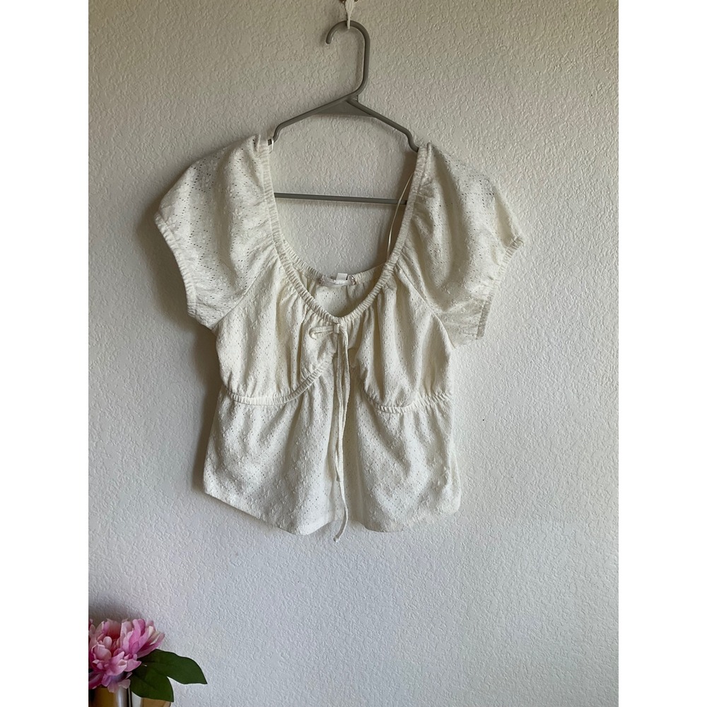 Pink Republic sz XL Cream Eyelet Milkmaid Babydoll Top Short Sleeve Tie Front